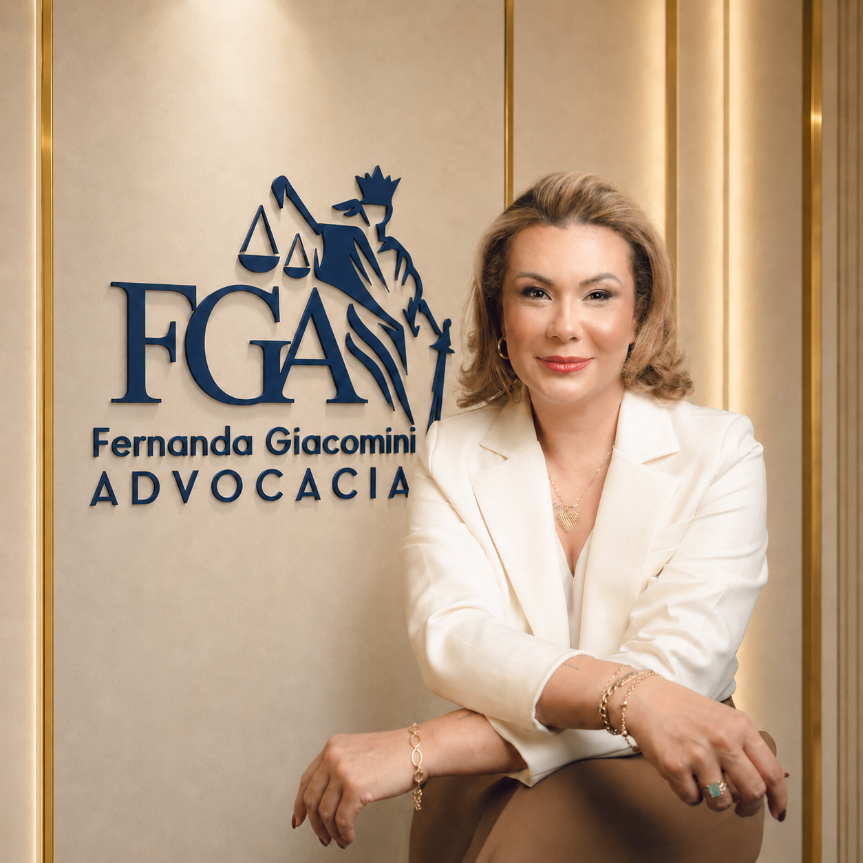 Logo da FGA Advocacia aplicada em parede de escritório jurídico